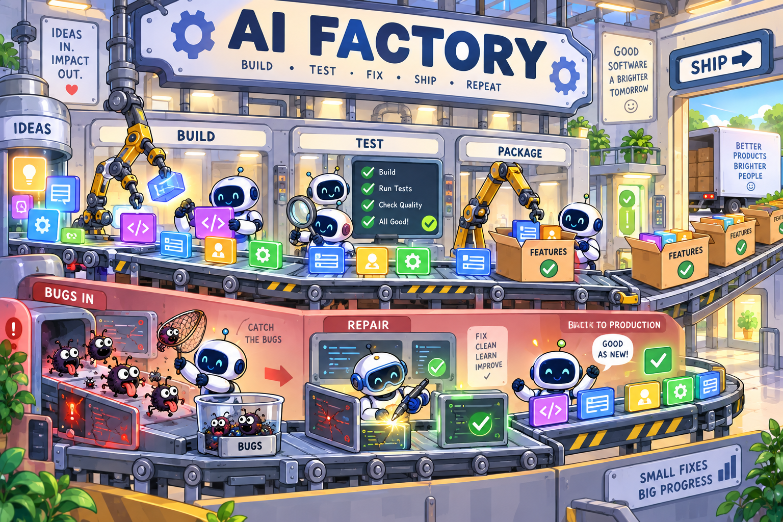 AI factory diagram — issues in, PRs out, human review at the merge gate