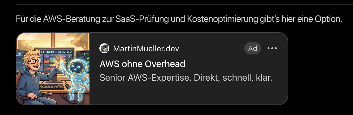 Sponsored martinmueller.dev ad card — AWS ohne Overhead