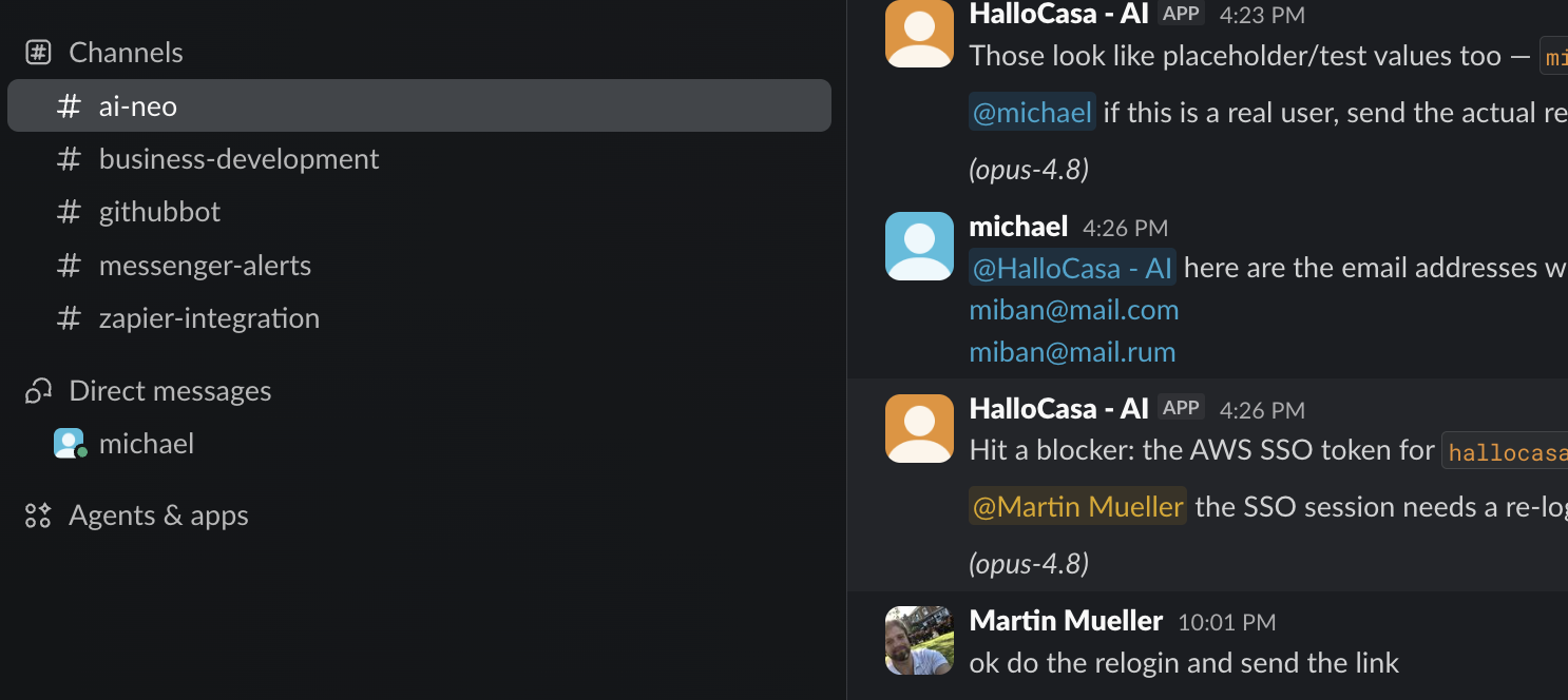 Slack channel ai-neo where a teammate talks with the HalloCasa AI agent