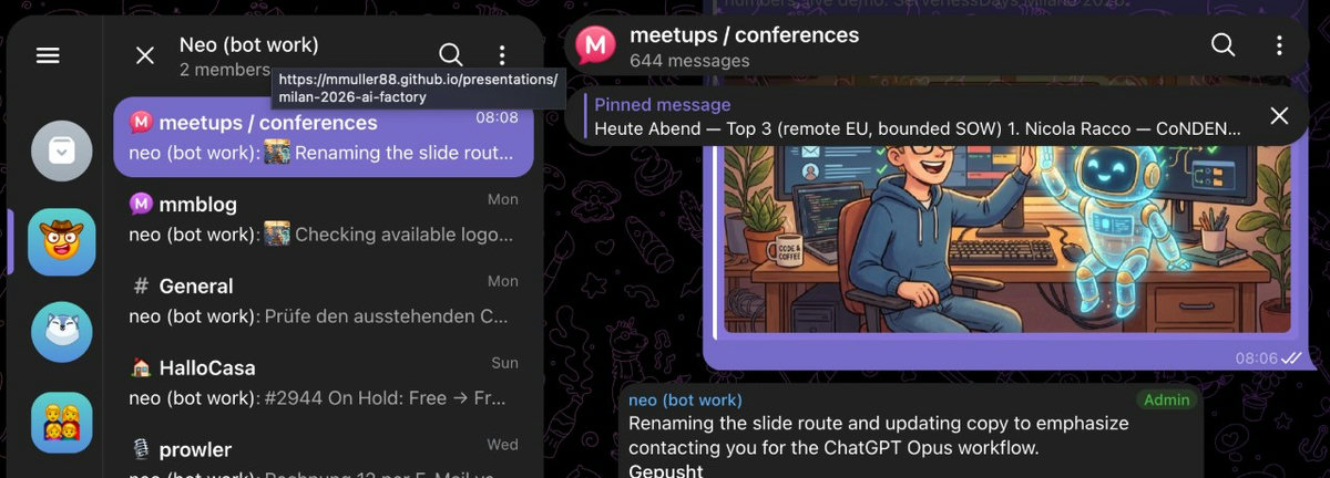 Telegram group Neo (bot work) with forum topics for HalloCasa, prowler, mmblog, meetups