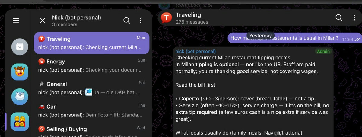 Telegram group Nick (bot personal) with topics Traveling, Energy, Car